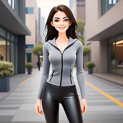 Stylized Digital Illustration of Smiling Woman in Modern Urban Outfit