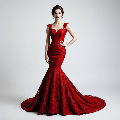 Woman in Classic Elegance Red Lace Mermaid Gown with Scoop Neckline