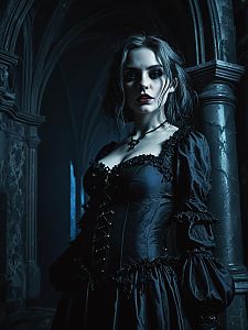 Gothic Woman in Black Corset Dress in Medieval Stone Corridor