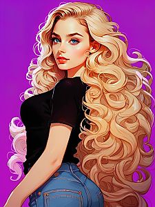 Woman with Blonde Hair and Blue Eyes on Purple Background