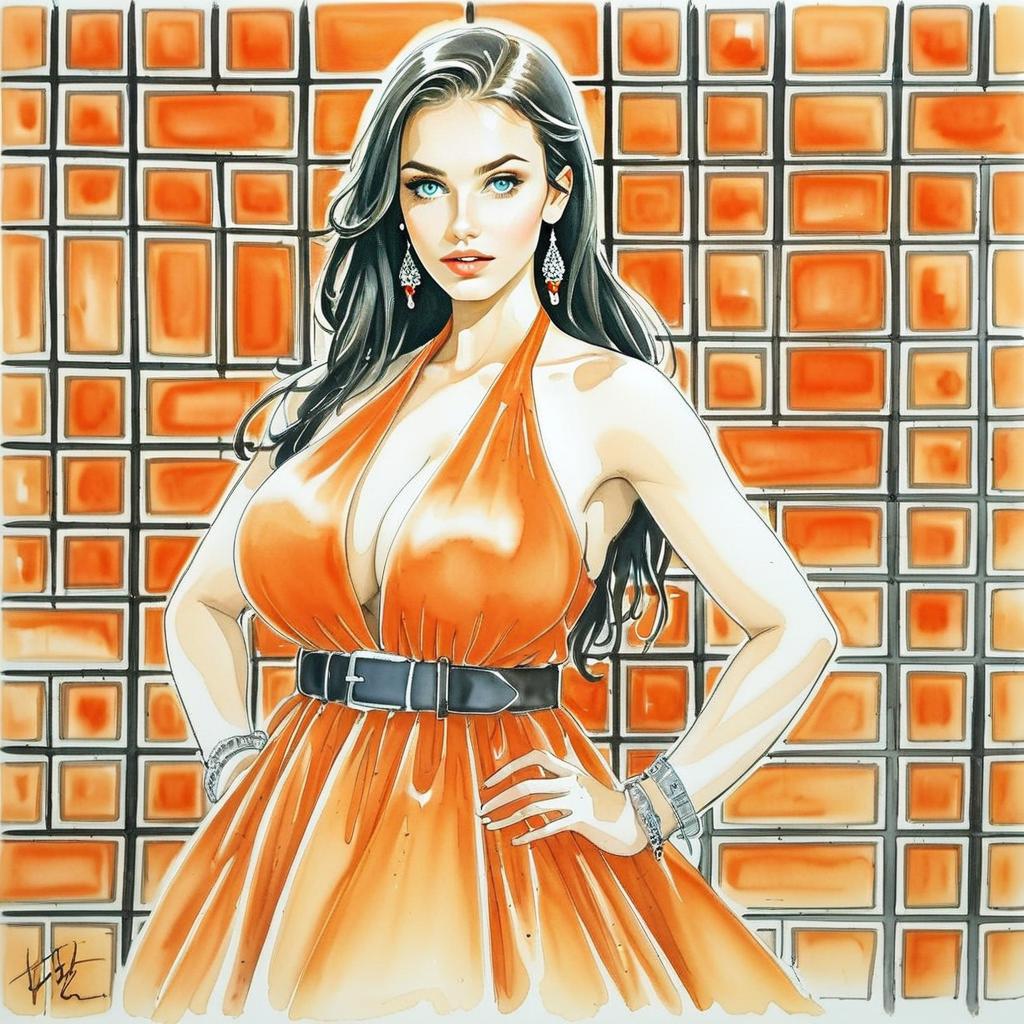Confident Woman in Orange Dress with Blue Eyes Confident Woman in Orange Dress with Blue Eyes