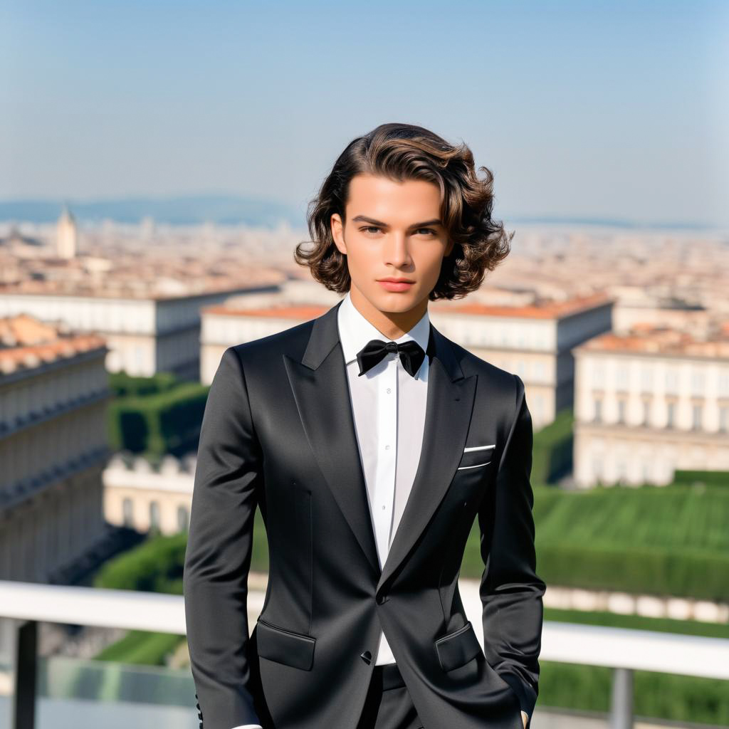 Stylish Man in Black Tuxedo Against Cityscape