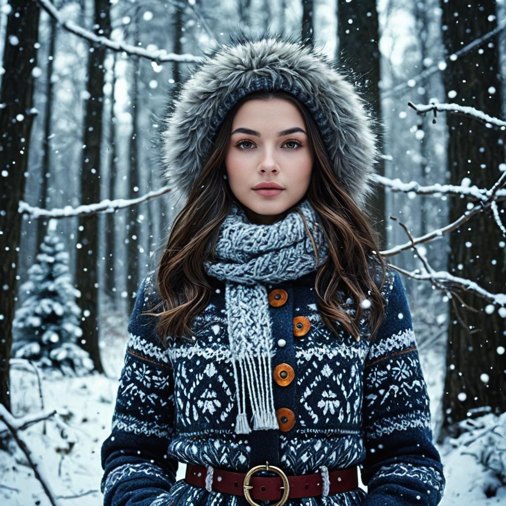 Young Woman in Patterned Winter Coat with Fur Hood in Snowy Forest