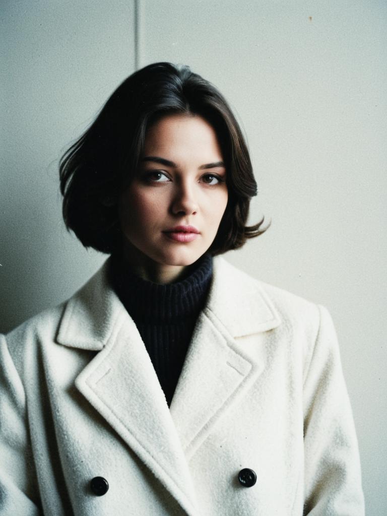 Young Woman Wearing White Coat and Black Turtleneck Portrait
