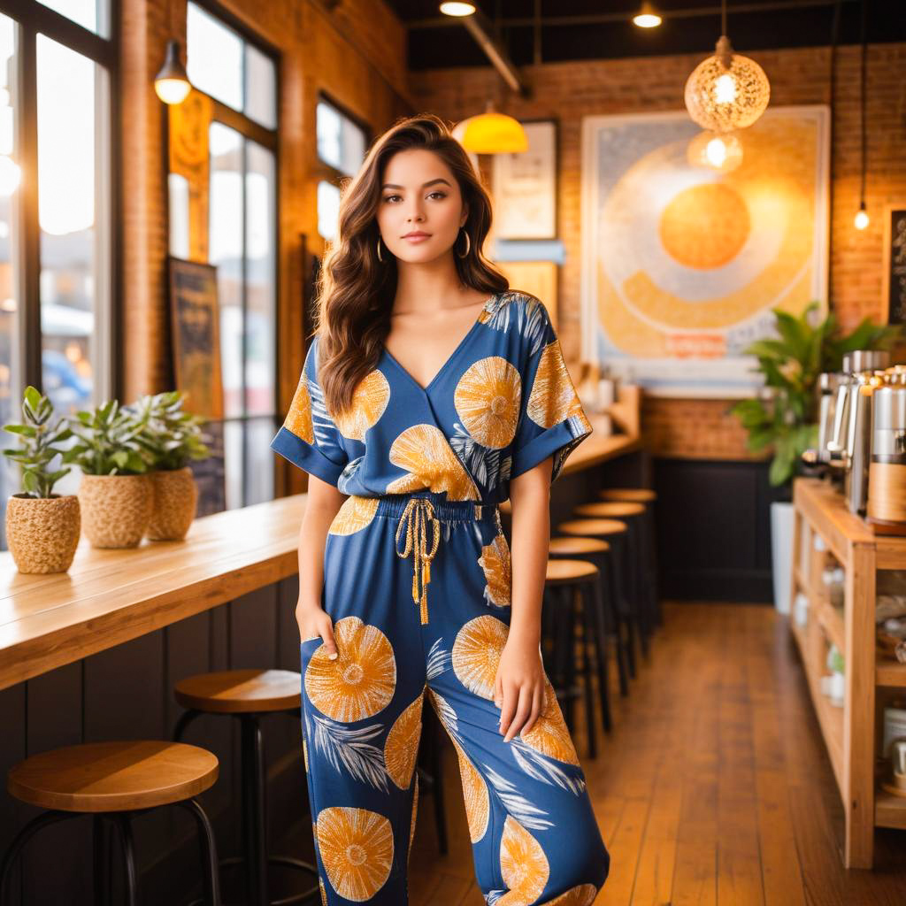 Stylish woman in blue jumpsuit at chic café