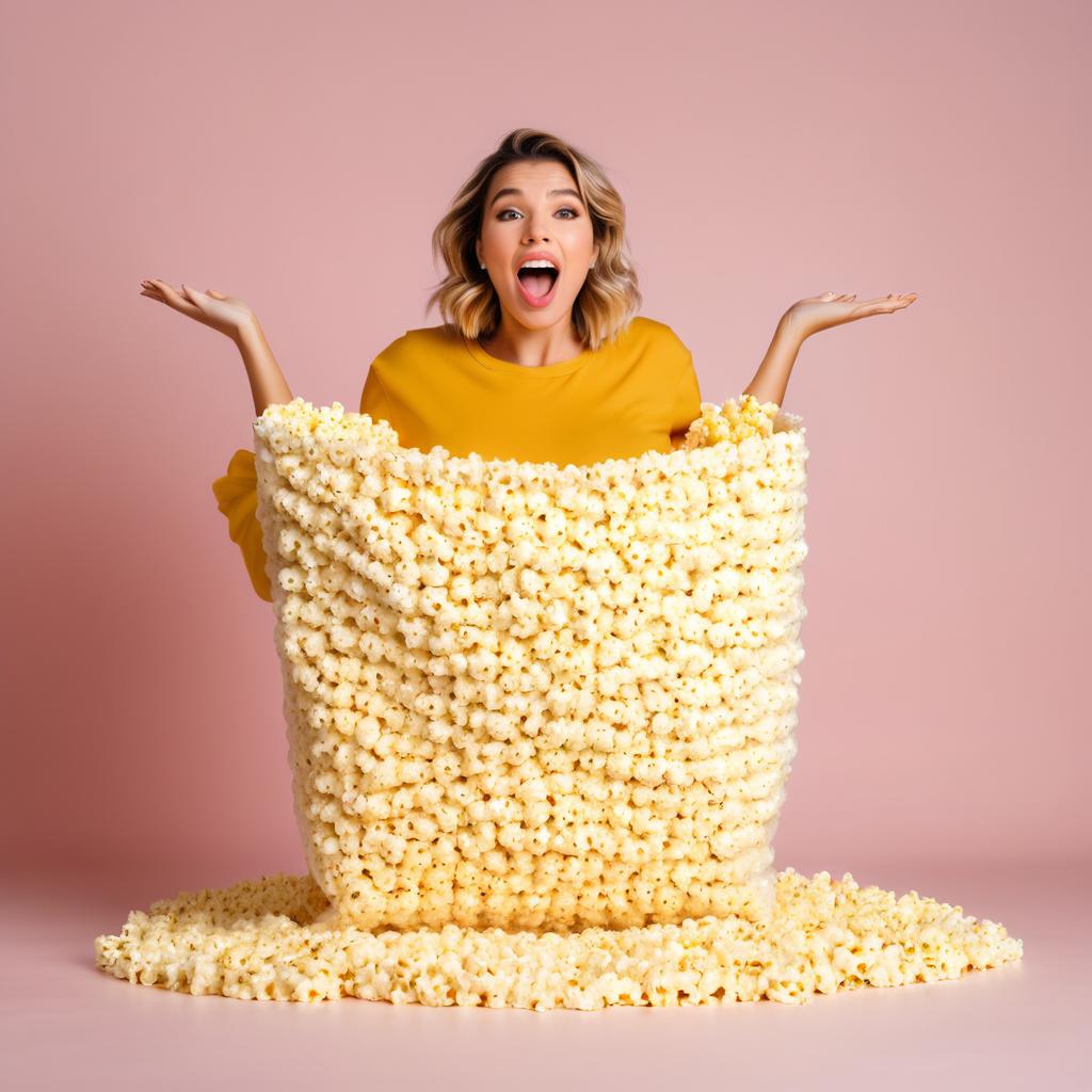 Joyful Woman Surrounded by Popcorn