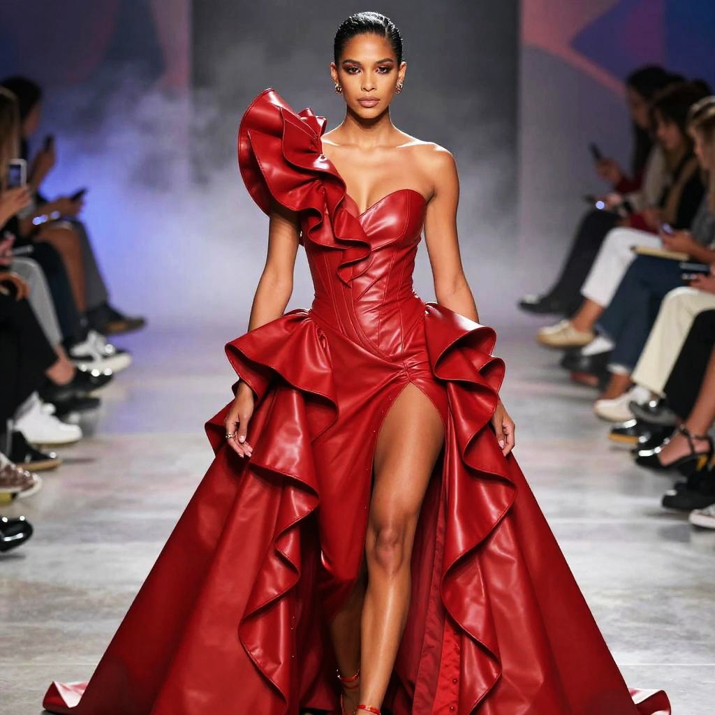 Woman in Red Leather Ruffled Gown on Fashion Runway