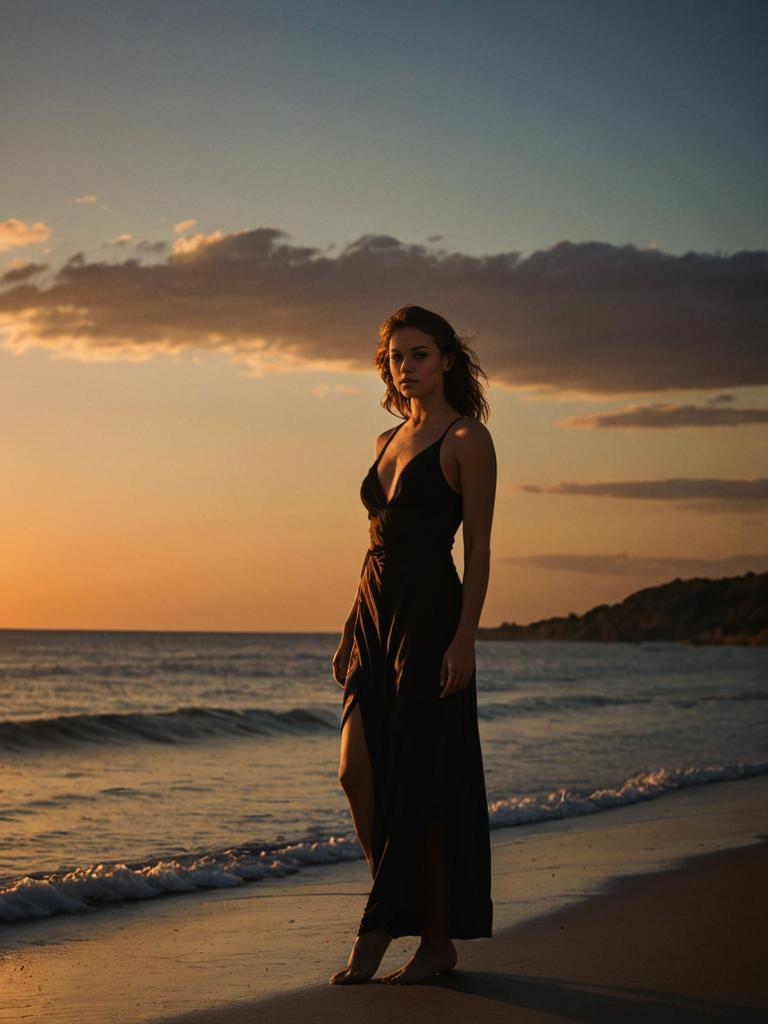 Woman in Black Dress at Sunset Beach