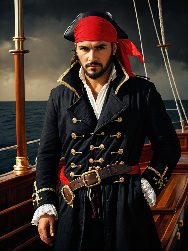 Man in Black Pirate Coat and Red Bandana on Ship Deck