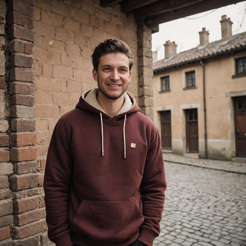 Smiling Man in Maroon Hoodie by Rustic Buildings