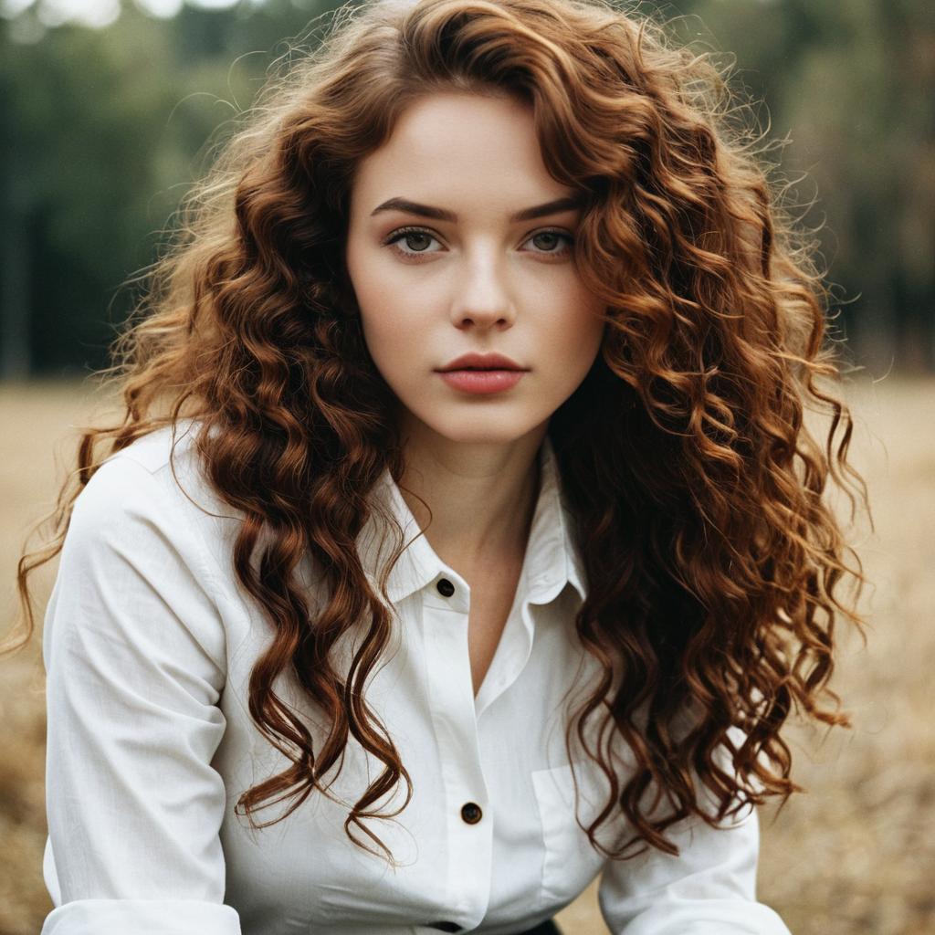 Portrait of Young Woman with Curly Red Hair in White Shirt Outdoors