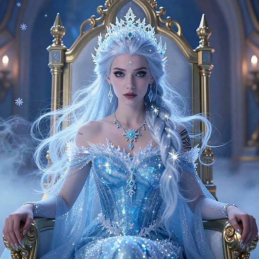 Fantasy Ice Queen Woman in Sparkling Blue Gown on Golden Throne