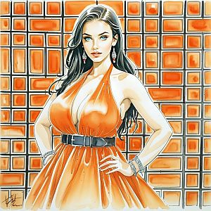 Confident Woman in Orange Dress with Blue Eyes