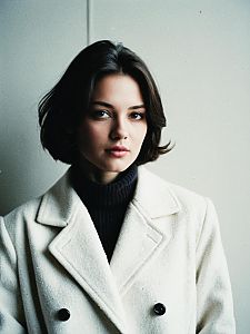 Young Woman Wearing White Coat and Black Turtleneck Portrait