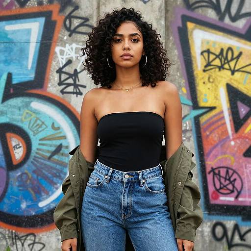 Confident Gen Z Woman in Street Style Outfit by Graffiti Wall