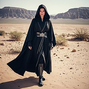 Woman in Black Hooded Sci-Fi Robe Standing in Desert Landscape