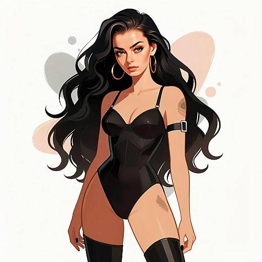 Confident Woman in Black Bodysuit Digital Illustration