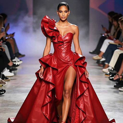 Woman in Red Leather Ruffled Gown on Fashion Runway