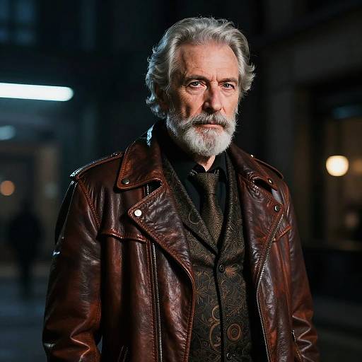 Portrait of Older Man in Stylish Brown Leather Jacket and Patterned Waistcoat