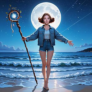 Woman with Staff on Moonlit Beach