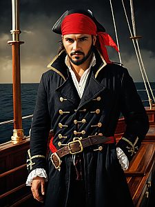 Man in Black Pirate Coat and Red Bandana on Ship Deck