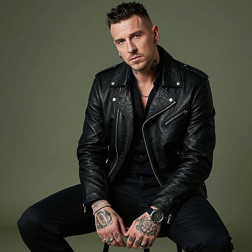 Portrait of Tattooed Man in Black Leather Jacket Sitting Against Green Background