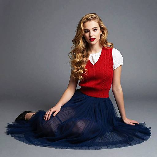 Stylish Young Woman in Red Sweater Vest and Navy Tulle Skirt Sitting Posed