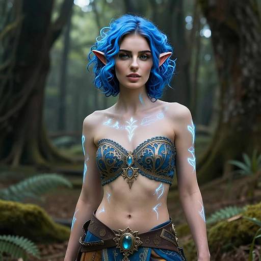 Fantasy Elf Woman with Blue Hair and Magical Runes in Forest