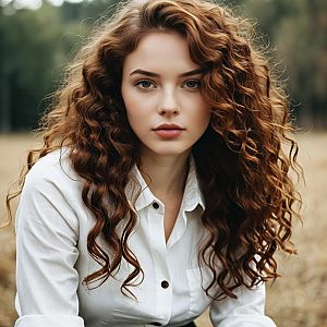 Portrait of Young Woman with Curly Red Hair in White Shirt Outdoors