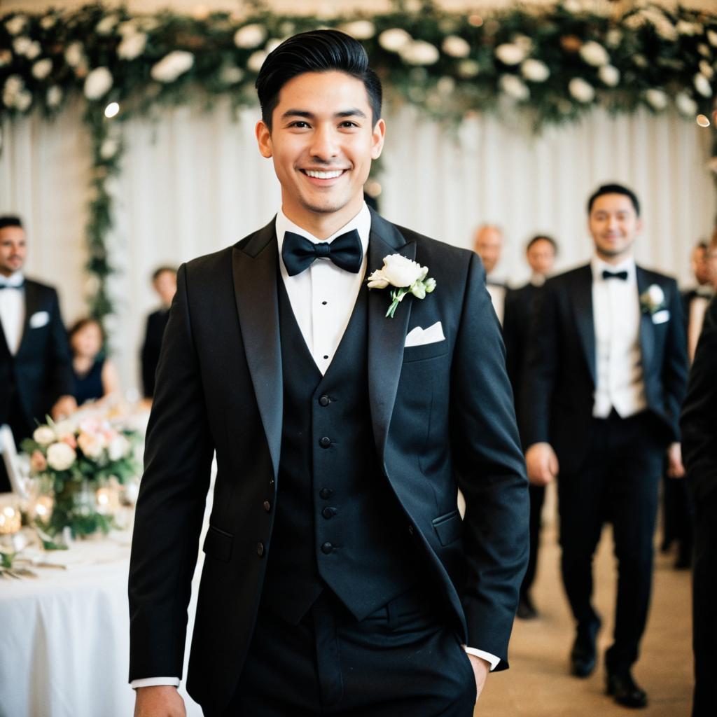 Smiling Man in Tuxedo at Wedding Party