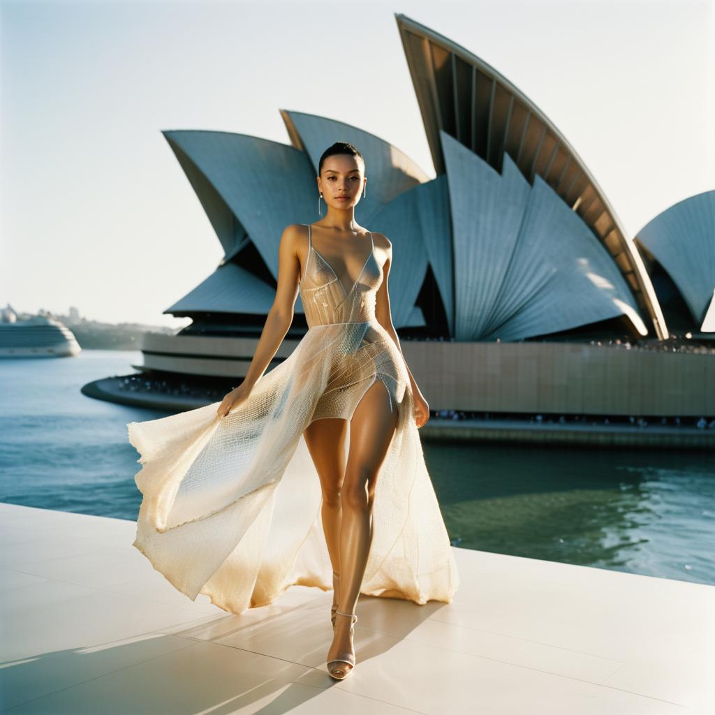 Elegant Woman in Sheer Gown at Sydney Opera House