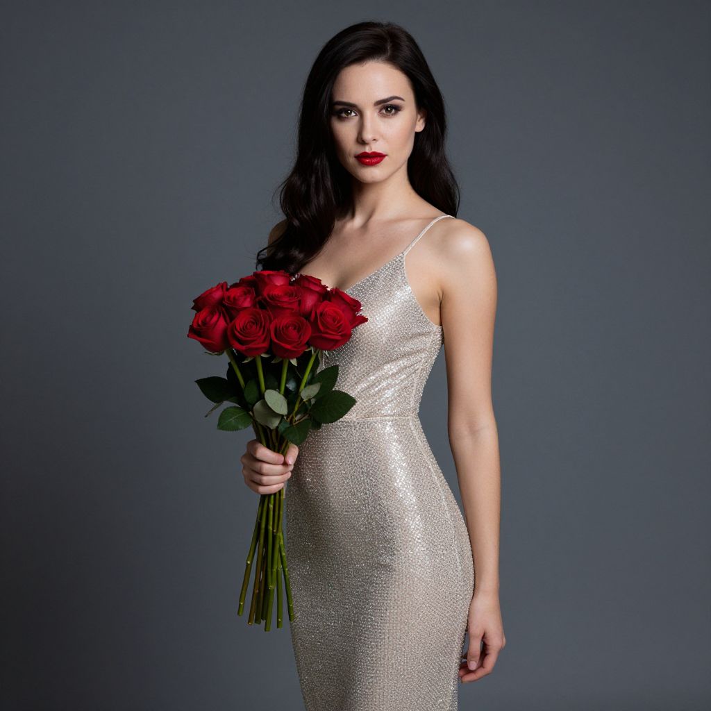 Elegant Woman in Silver Dress Holding Red Roses Bouquet