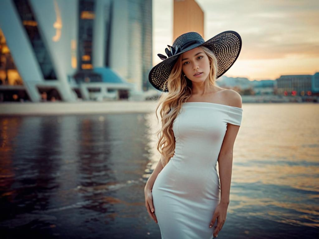 Elegant Woman in Off-the-Shoulder Dress at Sunset