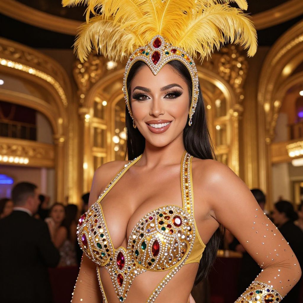 Glamorous Woman in Ornate Showgirl Costume with Feathered Headdress