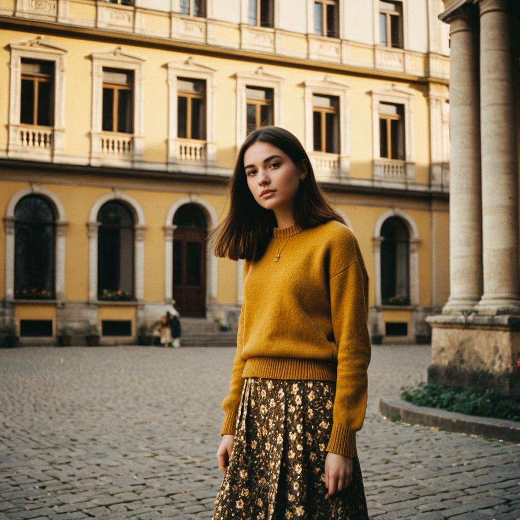 Young Woman in Mustard Sweater and Floral Skirt in Urban Classical Architecture