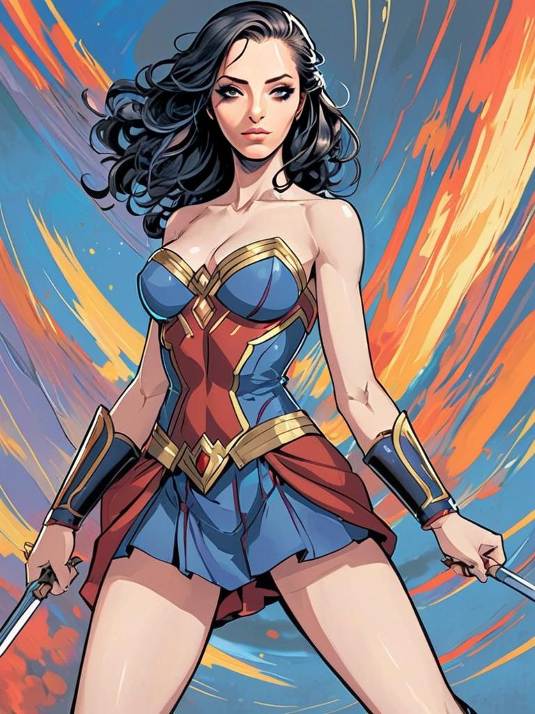 Digital Artwork of Woman in Modern Wonder Woman Costume with Swords