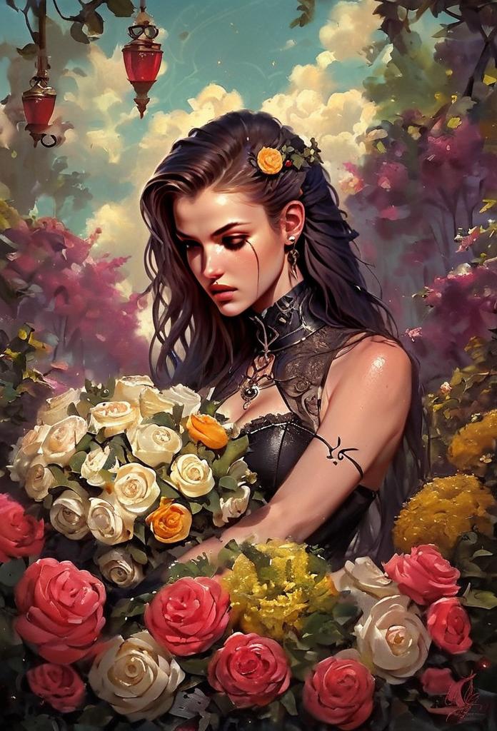 Young Woman with Yellow Rose in Colorful Garden Young Woman with Yellow Rose in Colorful Garden