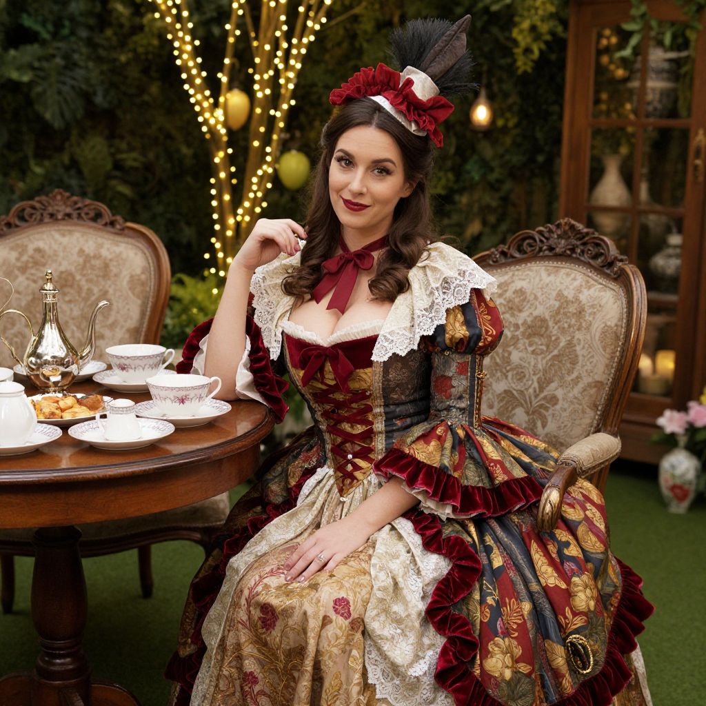 Victorian Woman in Elegant Tea Party Dress with Floral Patterns