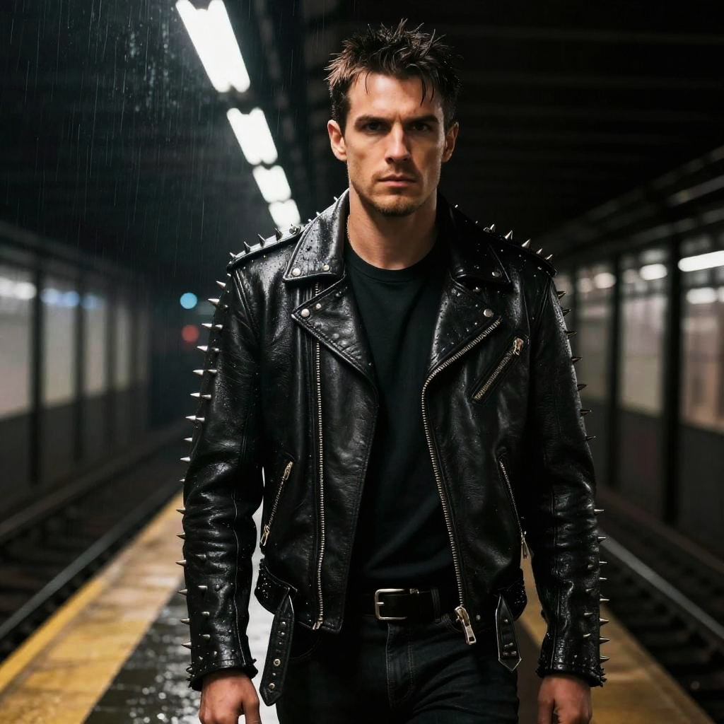 Man Wearing Spiked Black Leather Jacket in Subway Station