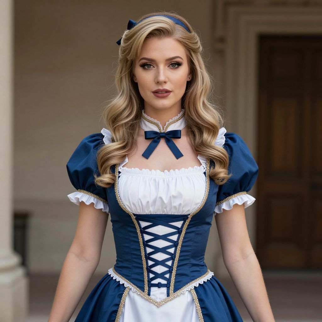 Young Woman in Elegant Blue and White Vintage Costume with Ribbon Details