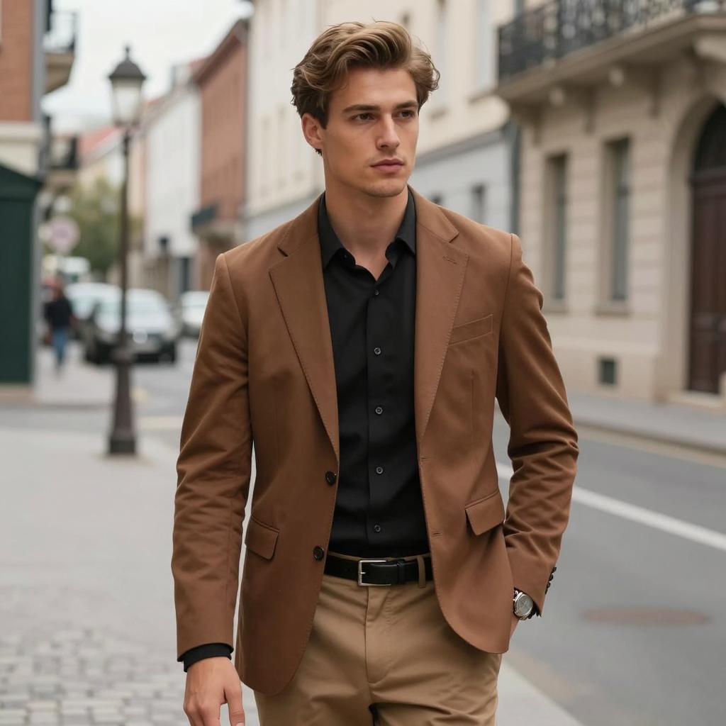 Young Man in Brown Blazer and Black Shirt Walking in City