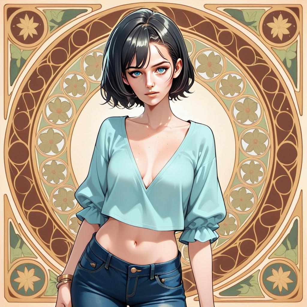 Young Woman in Blue Outfit with Floral Background