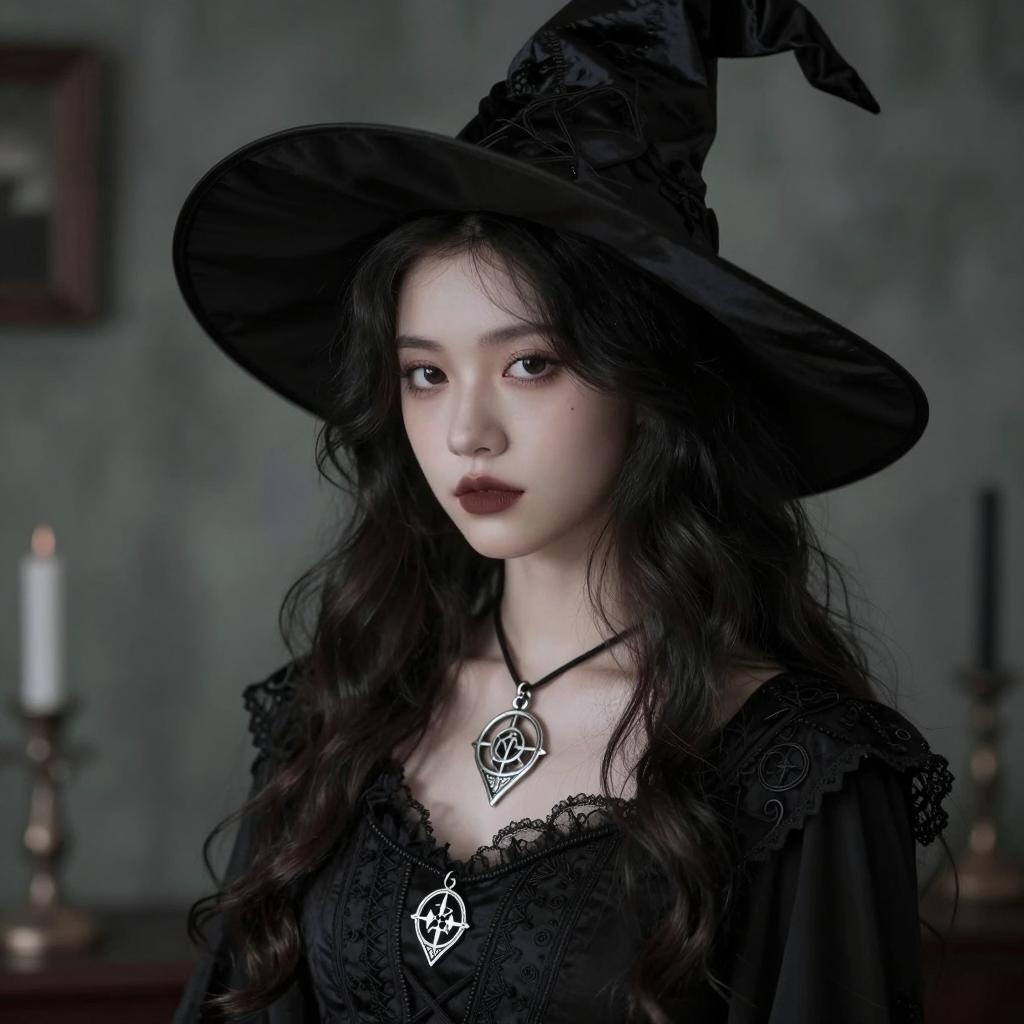 Elegant Gen Z Woman in Black Witch Costume with Gothic Style