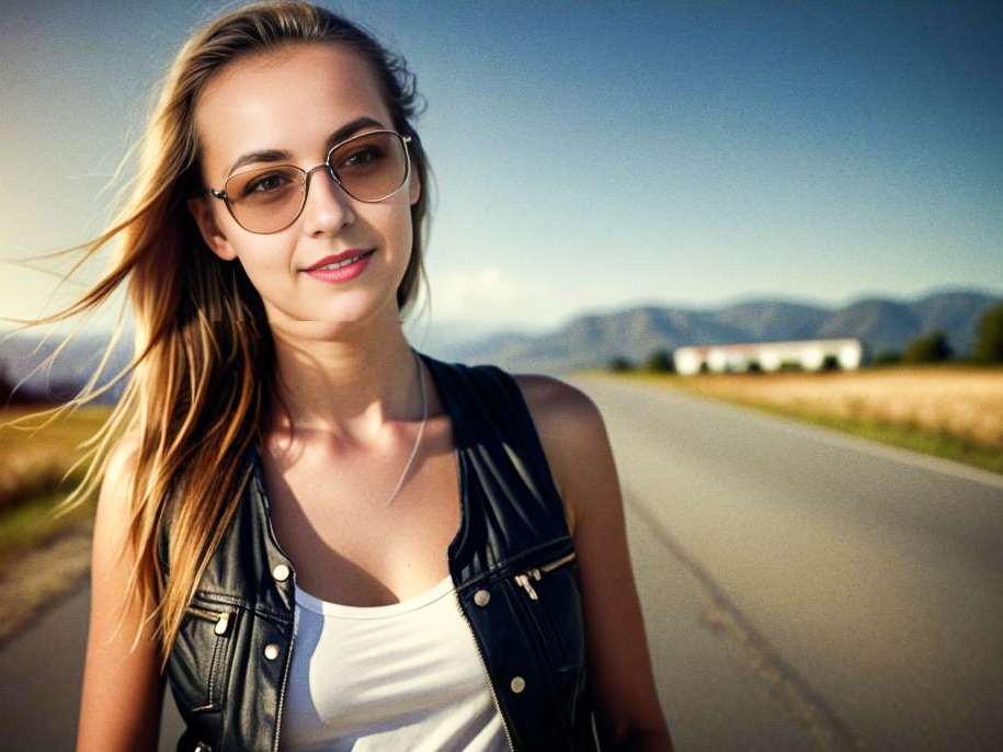 Stylish Woman in Leather Vest on Scenic Roadside