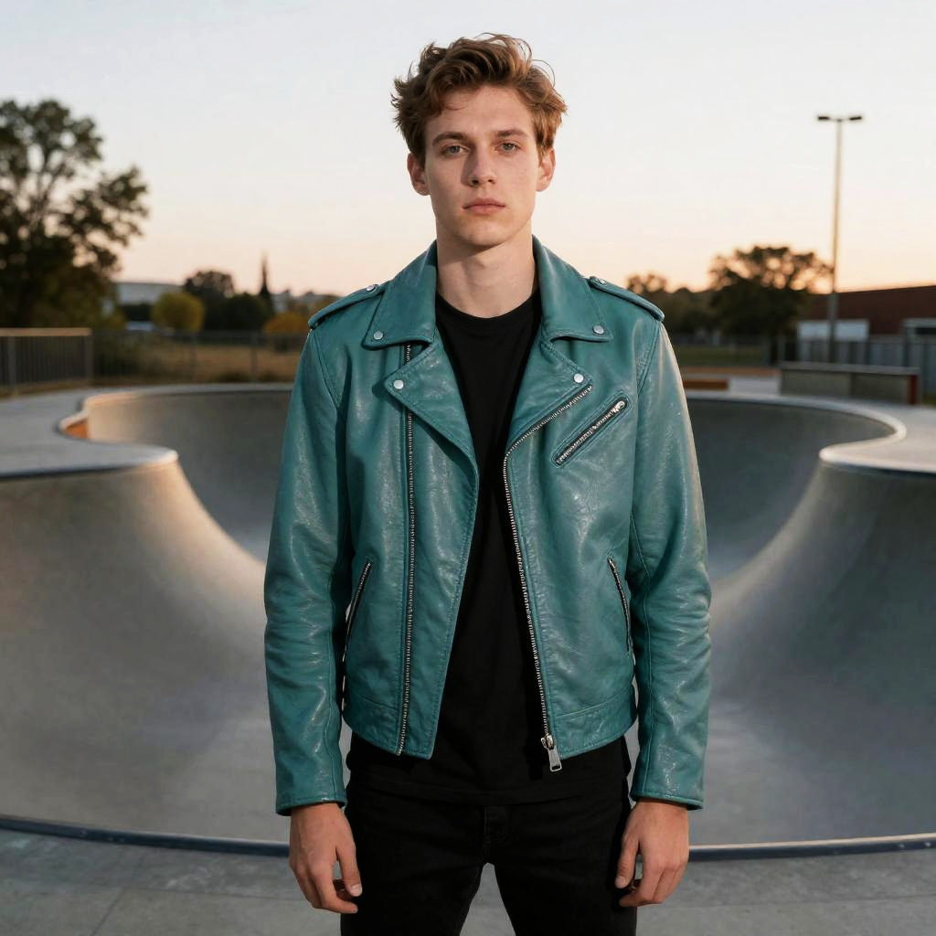 Young Man in Teal Leather Jacket at Skatepark - Gen Z Style