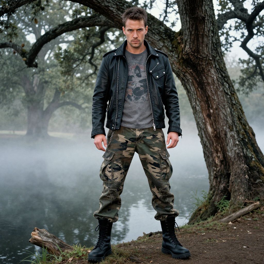Man in Leather Jacket and Camouflage Pants by Misty Forest Lake