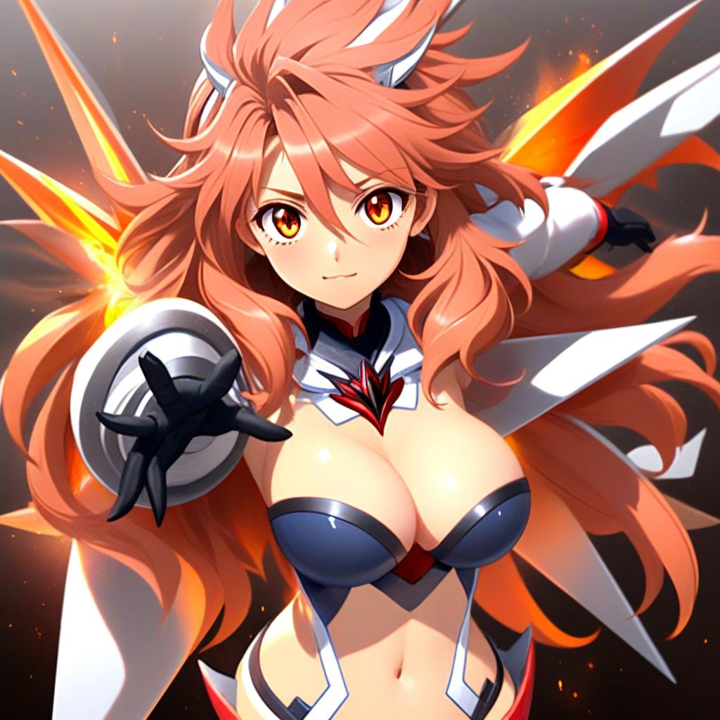 Amou Kanade Fierce Anime Warrior with Fiery Hair and Futuristic Armor
