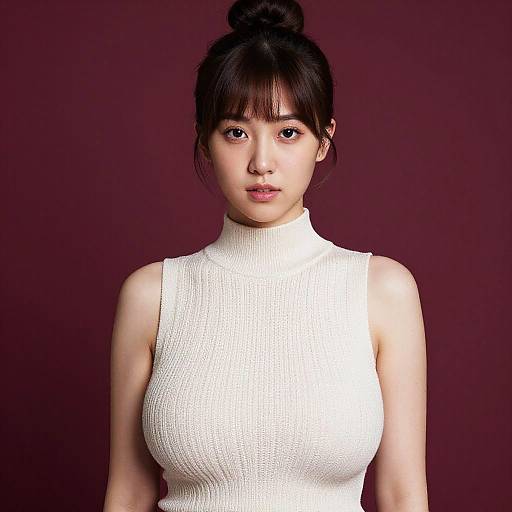 Young Asian Woman in Cream Sleeveless Turtleneck Portrait