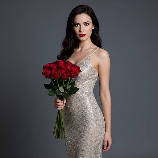 Elegant Woman in Silver Dress Holding Red Roses Bouquet