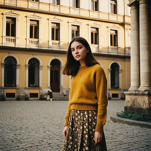 Young Woman in Mustard Sweater and Floral Skirt in Urban Classical Architecture
